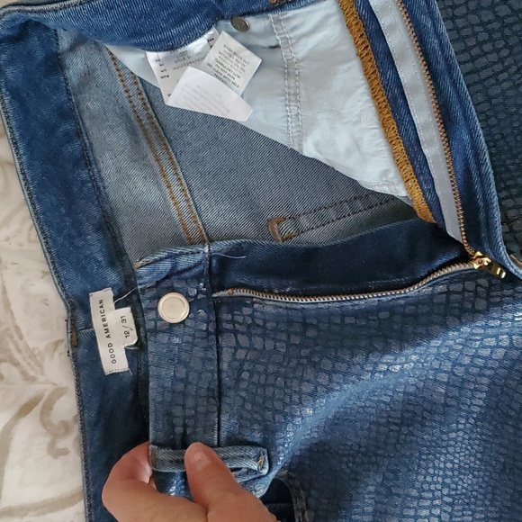 Good American Indigo Snake Print Shiny High-rise Jeans Size 12/31 - Picture 11 of 14